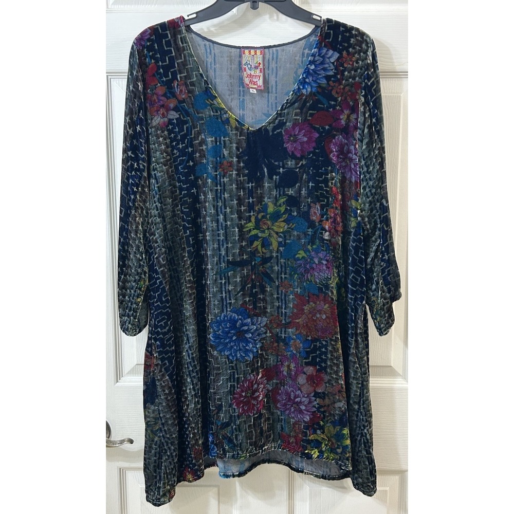 Johnny Was Tappa Tunic Top Dress Women's XL Floral Velour Boho V-Neck **EUC**